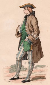 Gentilhomme français en costume de chasse, portant manteau, gilet et chapeau tricorne avec une dague à son côté pendant le XVIIIe siècle (gravure en couleur) - Unknown