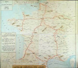 Carte géographique française montrant les lignes télégraphiques aériennes - Unknown artist