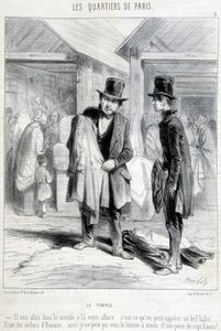 Fripier du quartier du temple à Paris essayant de vendre des vêtements à un homme. Gravure du 19e siècle. - Unknown artist