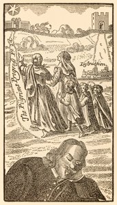 Frontispice de la deuxième partie de Le Voyage du pèlerin de ce monde à celui qui est à venir par John Bunyan (1628-1688) montrant l