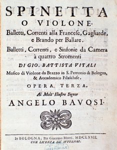 Frontispice de la partition musicale de Balletti, correnti alla francese opus 3 par Giovanni Battista Vitali