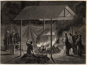 Cérémonies funéraires : incinération rituelle. Gravure pour illustrer le voyage au Japon en 1863-1864, par Aimé Humbert, ministre de la Confédération suisse, dans « Le tour du monde, nouveau journal des voyages », publié sous la direction d