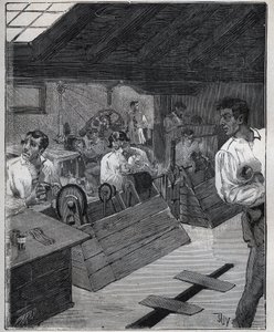 Dorure galvanique : raclage des bijoux en or avec un racloir-boesse. Gravure de 1885 dans "Les arts et métiers illustrés" par Adolphe Bitard. - Unknown artist