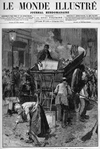 Poubelle, le nouveau camion rue du Cherche-Midi à Paris. Hommes et femmes ramassant les déchets dans une rue de Paris pour les mettre dans une charrette, nettoyant ainsi la ville. Gravure dans "Le Monde Illustré" - Unknown artist