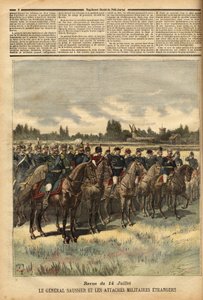 Général Félix Gustave Saussier (1828-1905), gouverneur militaire de Paris depuis 1884, entouré de liens militaires étrangers, passant en revue les troupes lors du défilé du 14 juillet 1891 dans la plaine du Bois de Boulogne. Gravure dans « Le petit journal - Unknown artist