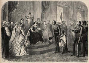 Le général Robert Cornelis Napier (1810-1890) présente Leul Alemayehou Tewodros (1861-1879), fils du négus éthiopien Théodoros II, à la reine Victoria. Gravure dans L