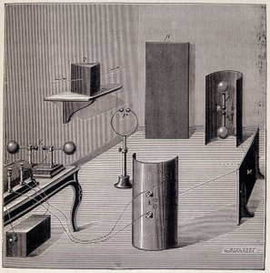 Disposition générale des expériences de Heinrich Hertz (1857-1894) sur les ondes électriques - dans « Physique populaire » par Emile Desbeaux, Flammarion - Unknown artist