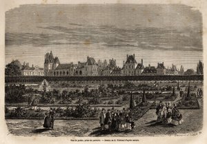Vue générale du palais et des jardins de Fontainebleau, prise du sol. Gravure pour illustrer une description du château et de la forêt de Fontainebleau, en 1867, par M. Pays, dans « Le tour du monde, nouveau journal des voyages » publié sous la direction d - Unknown artist