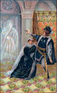 Gertrude, Hamlet et le fantôme du père de Hamlet. Dans « Hamlet », de William Shakespeare. Chromolithographie de la fin du 19ème siècle - Unknown artist