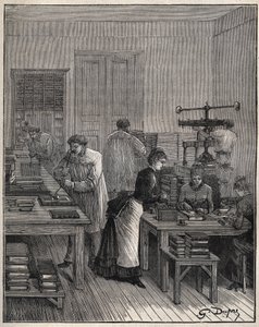 Dorure des livres (couvertures) au fer dans un atelier en France au XIXe siècle. Gravure de 1885 dans « Les arts et métiers illustrés » par Adolphe Bitard - Unknown artist