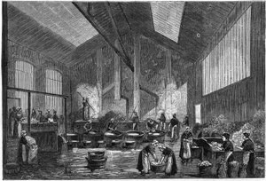 Atelier de triage de verre, rue de Crimée à Paris. Gravure dans «La Nature : revue des sciences et de leurs applications aux arts et à l