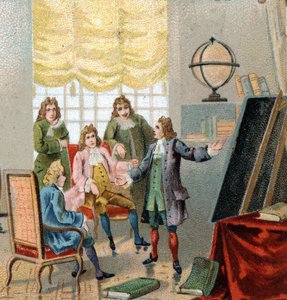Gottfried Wilhelm Leibniz (1646-1716), philosophe et mathématicien allemand ; démontrant ses théories sur le calcul différentiel. Chromolithographie, fin du 19e siècle
