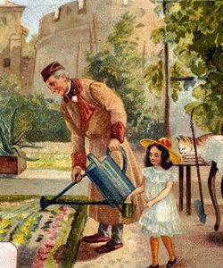 Grand-père jardinant avec sa petite fille chromolithographie fin 19ème siècle - Unknown artist