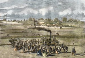 Grande-Bretagne : Agriculture, scène de labour. Charrue à vapeur Boydell près de Louth en 1854 - Unknown artist