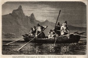 Umyak du Groenland, type de bateau manœuvré par des femmes. Gravure pour illustrer le voyage à la mer libre du pôle Arctique, par le docteur Hayes, chirurgien de la marine des États-Unis, en 1860-1862, publié dans « Le tour du monde, nouveau journal des vo - Unknown artist