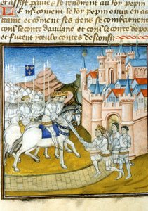 Griffon (ca. 726-753) rejoint ses frères Pépin III dit Pépin le Bref (714-768) et Carloman (ca. 715-754) après le siège de Laon en 741. Miniature dans les Grandes Chroniques de Saint-Denis. - Unknown artist
