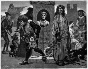 Gringoire, Quasimodo, La Esmeralda, La Sachette et Phoebus. Personnages principaux de la pièce de théâtre « Notre Dame de Paris », drame de Paul Meurice (1912-1979) par Victor Hugo (1802-1885) représenté au Théâtre des Nations. Gravure dans « Le Monde illu