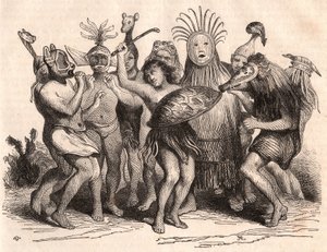 Groupe de sauvages brésiliens dansant avec des costumes, des masques et des coiffes traditionnelles - Unknown