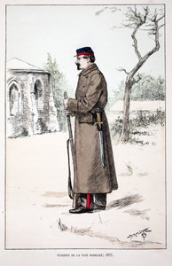 Gardiens de la paix mobilisés (1871). Eau-forte en couleurs, pour illustration "Histoire du corps des gardiens de la paix" livre publié sous les auspices de Louis Lépine (1846-1933) préfet de police de la Seine, par Alfred Rey (1864-?) et Louis Féron (1862 - Unknown artist