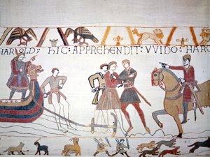 Harold II (1022 - 1066) débarque en Normandie où il est capturé par Guillaume Ier le Conquérant (1027 - 1087). Tapisserie de Bayeux, dite Broderie de la Reine Mathilde - Unknown artist