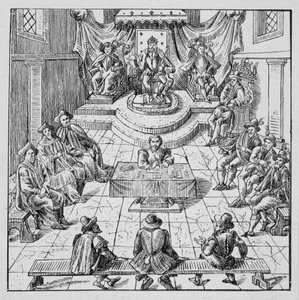 Henri III (1551 - 1589) tenant les États Généraux à Blois en 1576 - dans "Collection de 39 figures représentant les calamités de la France de 1562 à 1586"; Louis Perrin imprimerie - Unknown artist