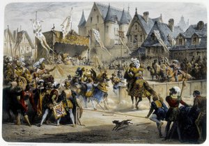 Henri II (1519 - 1559) blessé mortellement par Montgomery lors du tournoi du 29 juin 1559, rue St Antoine, devant le Palais des Tournelles