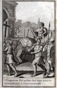 Héraclius Ier (Flavius Heraclius, Hérakleios (vers 575-610/641), empereur byzantin, fait une entrée triomphale à Constantinople. Il monte sur un char tiré par quatre éléphants et apporte devant lui la Vraie Croix (Sainte Croix) qui avait été prise - Unknown artist
