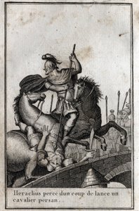 Héraclius I (Flavius Héraclius, Hérakleios (vers 575-610/641), empereur byzantin, transperce un cavalier perse (guerre contre les Perses), 7e siècle. Gravure dans « Beauté de l