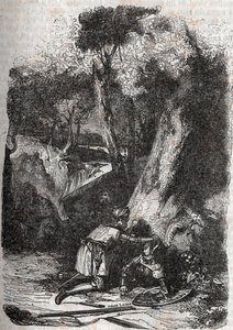Hermonides renversé et secouru par Zerbin - gravure de 1851 de "Roland furieux" (Orlando furioso) (16ème siècle) par Ludovico Ariosto, dit l