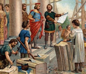 Épisodes historiques de villes célèbres : Clovis choisit Paris comme résidence permanente (en 508). Chromolithographie du 19ème siècle - Unknown artist