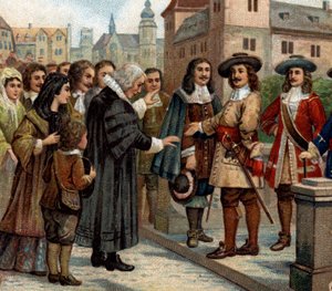Épisodes historiques de villes célèbres : Le Grand Électeur, Frédéric Guillaume Ier de Brandebourg (1620-1688), reçoit des émigrés français à Berlin (1685). Il accueille des protestants français qui, après la révocation de l