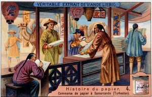 Histoire du Papier. 4. Commerce du papier à Samarcande (Turkestan). Chromolithographie Liebig