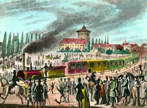 Histoire des transports publics : chemin de fer entre Paris et Versailles. Gravure du XIXe siècle. Collection privée