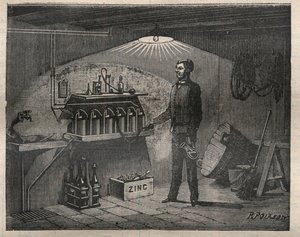 Électricité domestique : Installation de la batterie inventée par Radiguet dans une cave - Gravure dans « La Science française » - Unknown artist