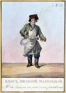 Marchand de boisson au miel et à la framboise en Russie au 19ème siècle. Illustration du 19ème siècle