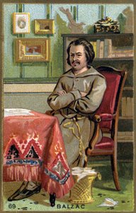 Honoré de Balzac (1799 - 1850) dans son bureau. Chromolithographie du XIXe siècle.