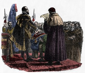 Hugues Capet prête le serment souverain - Hugues Capet (vers 941-996) roi des Francs, prononce le serment souverain en 987 - 1882 - Unknown artist