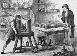 Humphry Davy décompose les alcalis par la batterie voltaïque. Dans « Album de la Science », Éditions Jouvet - Unknown artist