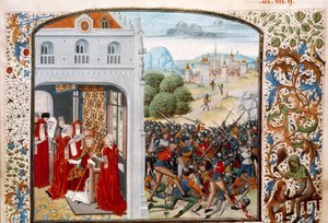 Guerre de Cent Ans : le pape Grégoire XI couronné à Avignon en 1370. La bataille de Pontvallain entre Français et Anglais le 4/12/1370. Miniature des "Chroniques" de Jean Froissart - Unknown artist