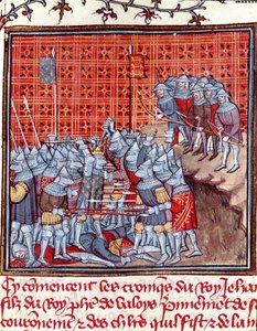 Guerre de Cent Ans : "le roi de France Jean II le Bon (1319-1364) pendant une bataille". Miniature tirée de "Les grandes Chroniques de France" de Jean Froissart (1337-1400) 14ème siècle Chantilly, Musée Condé - Unknown artist