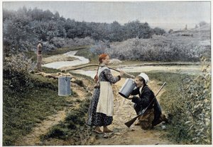 Chasseur et fille à la fontaine (Russie) - photographie, fin 19ème siècle - Unknown artist
