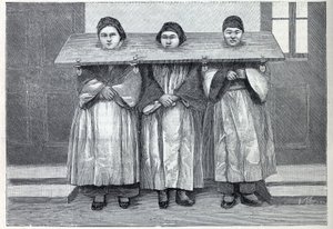 Chasse en Chine : le cangue, un appareil de tourment (une sorte de pilori) appliqué aux mères infanticides. Gravure dans « La Nature » - Unknown artist