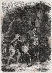 Hypalca arrêtée par Rodomont - gravure de 1851 de « Roland furieux » (Orlando furioso) (16e siècle) par Ludovico Ariosto, connu sous le nom d