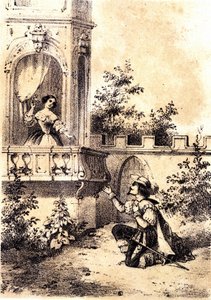 Illustration de la chanson « Le Roi a fait battre le tambour » : un homme déclarant son amour à une femme à sa fenêtre - Unknown artist