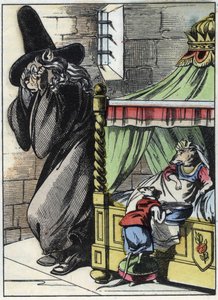 Illustration du conte "Le terrible Raminagrobis et les souris", personnage tiré des fables de Jean de La Fontaine. Dans "Contes de la maison pour les petits". Gravure anonyme du XIXe siècle.