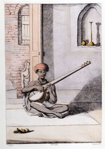 Culture et civilisation indienne : Musicien jouant du sitar, instrument de musique traditionnel, Inde. Gravure de 1808. - Unknown artist