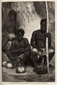 Marchand de fruits indigènes, sur le marché de Nouméa (Nouvelle-Calédonie). Gravure pour illustrer le voyage en Nouvelle-Calédonie de 1863 à 1866, par Jules Garnier, ingénieur civil des mines, dans « Le tour du monde, nouveau journal des voyages » publié s - Unknown artist