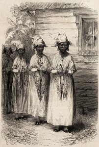 Femmes indigènes de Guyane, à la procession catholique de la Fête-Dieu. Gravure pour illustrer le voyage en Guyane française en 1862-1863, par Frédéric Bouyer, capitaine de frégate, dans "Le tour du monde, nouveau journal des voyages", publié sous la dir