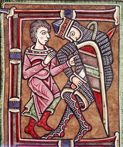 Lettre initiale E avec David et Urie, époux de Bethsabée (miniature)
