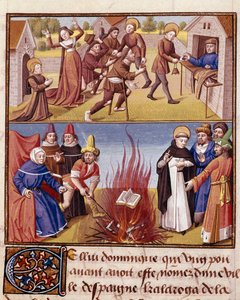 Inquisition présidée par Saint Dominique de Guzman (1170-1221), épreuve du feu du livre hérétique et du livre orthodoxe. Miniature dans 